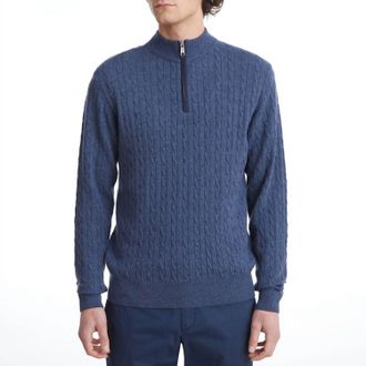 Emanuel Berg Premium Luxury Cable Quarter Zip Sweater In Dark Blue
