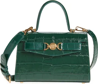 Versace Small Medusa 95 Croc Embossed Leather Top Handle Bag in Dark Emerald Gold at Nordstrom