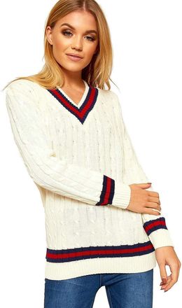 Crazy Girls New Ladies V Neck Cable Knitted Cricket Jumper Womens Stretch Long Sleeve Stripe Top (12/14, Cream)