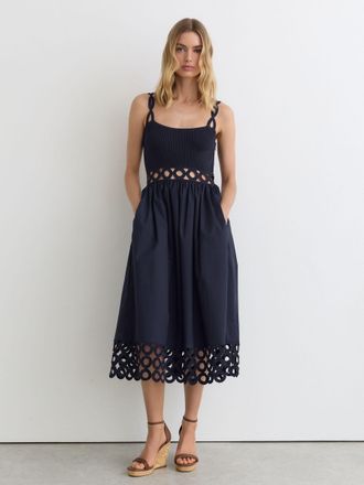 Reiss Navy Rib-knit Woven Mix Cut-out Midi Dress, XL