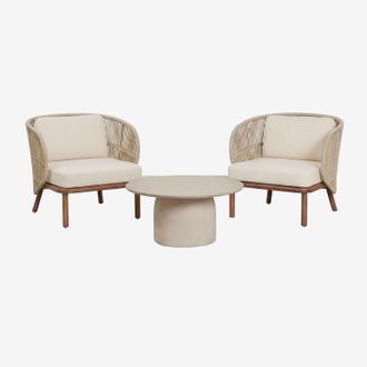 Sklum Conjunto De Jard&iacute;n Con 2 Sillones En Cuerda Trenzada Capri Y Mesa De Centro Redonda &Oslash;75 Cm En Cemento Layana Sklum