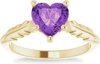 Pompeii3 7mm Amethyst Solitaire Heart Shape Leaf Accent Ring in 14k White or Yellow Gold