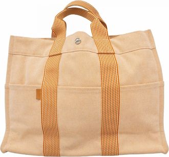 Herm&egrave;s Orange White Canvas Tote Bag (Pre-Owned)