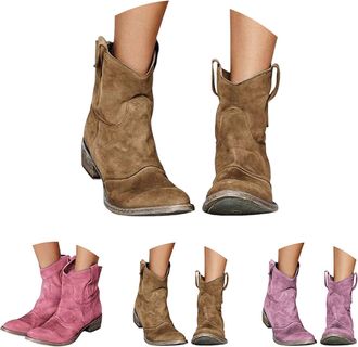 Generic Wide Fit Suede Ankle Boots Women Size 6.5 Western Round Toe Low Heel Booties Slip On Mid Calf Comfortable Walking Shoes Casual Lightweight Retro Class