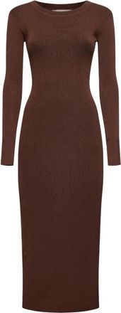 Silvian Heach Lange geribbelde jurk met lange mouwen - Dames - Maxi kleedjes - Bruin - XS - Polyester - Kleedjes