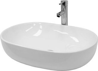 ECD Germany Lavamanos ovalado de cer&aacute;mica blanca sobre encimera con desag&uuml;e