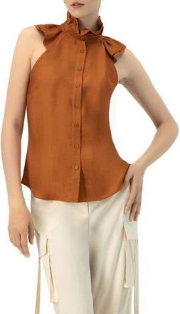 Ivonne Sleeveless High Neck Blouse with Front Buttons in Brown at Nordstrom, Size 12