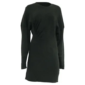 Ganni Ganni Ruched Ribbed-Knit Long Sleeve Mini Dress in Olive Rayon