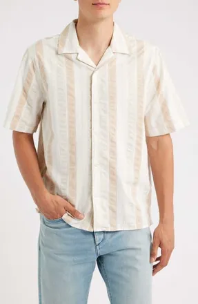 Wax London Didicot Stripe Cotton Seersucker Camp Shirt in Ecru/natural at Nordstrom, Size Xx-Large