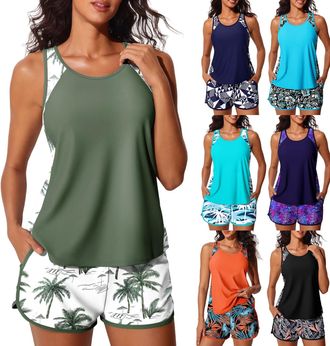 Generic Swimming Costume Women Tankini Sets 2 Piece Modest Swimwear Tummy Control Swimsuit with Built-in Bra High Waist Built-in Bottom Swim Shorts Bathing Su