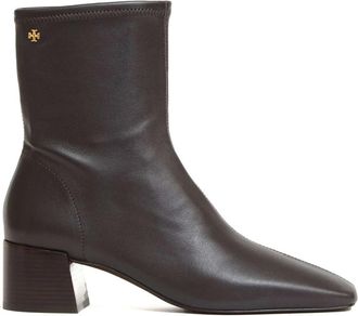 Tory Burch T Monogram Stretch Enkellaars - Dames - Laarzen met Hak - Bruin - 36 1/2 EU - Katoen - Schoenen