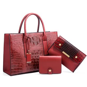 Generic 3pcs Satchel Handbag for Women Top Handle Purse Fashion Crocodile Crossbody Bag Large Ladies Tote Shoulder Bags (Red)