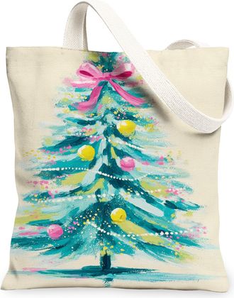 Generic Christmas Tree Canvas Tote Bags, Artistic Holiday Design Reusable Grocery Bags, Vintage Lightweight Washable Shoulder Strap, Cream, 13x15 Inch