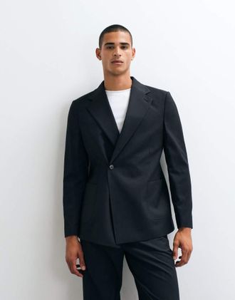 Asos giacca da abito slim effetto denim doppiopetto in lana nera lavabile-Nero