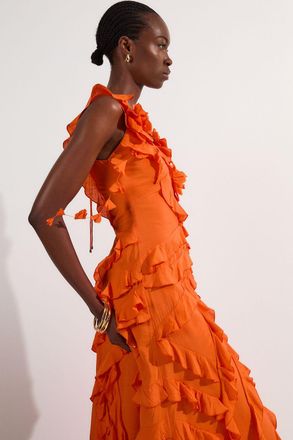 Karen Millen Womens Tall Embellished Ruffle Strappy Woven Maxi Dress - Red Viscose - Size 14 UK