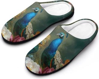 Generic Peacock with Peony Flowers Mens Slippers Comfortable And Non-slip Cotton Slipper Shoe for House