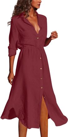 Generic Womens Long Elegant Dress Long Sleeve Dresses Casual Party Womens Belt Elegant Single Breasted Button Fashion Temperament Solid Color Irregular Drawst