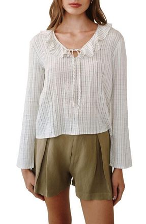 Bella Dahl Stripe Ruffle Tie Neck Seersucker Top in Ecru/Black Pinstripe at Nordstrom, Size Large