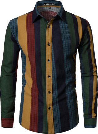 PARKLEES Mens Cotton Linen 70s Disco Retro Traditional Pattern Printed Long Sleeve Button Down Shirt Colorful Stripe X-Large