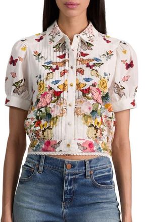 Alice & Olivia Rosie Butterfly & Floral Print Pleated Cotton Button-Up Shirt in Solar Strength Off White at Nordstrom, Size X-Large