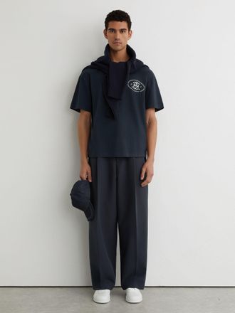 Reiss Washed Navy Monogram-print Pigment-dyed Relaxed T-shirt, Xxl