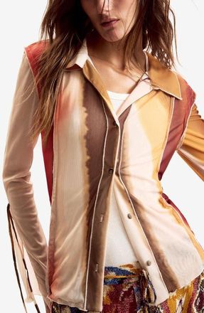 Desigual Stripe Mesh Button-Up Shirt in Off White at Nordstrom, Size X-Large