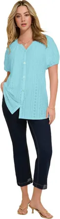 Roaman's Plus Size Shirred Eyelet Button Front Blouson Tunic in Light Aqua at Nordstrom, Size 36
