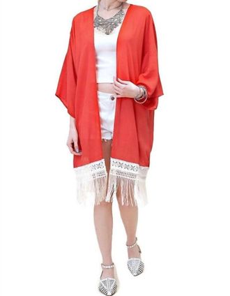 Greek Archaic Kori Bohemian Crochet & Fringe Kimono Jacket In Rust