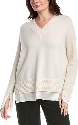 Lafayette 148 New York Petite Charmeuse Trimmed V-Neck Sweater