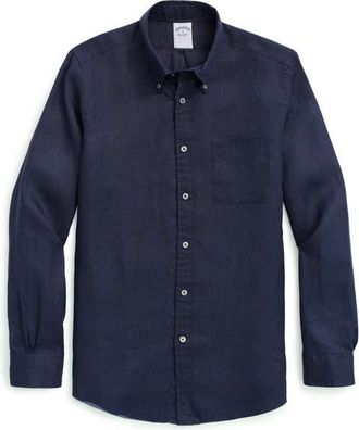 Brooks Brothers Regular Fit Linen Button-Down Shirt in Navy at Nordstrom, Size Small