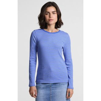 Lands End Long Sleeve Micro Rib T-Shirt in Muted Cobalt/sky Stripe at Nordstrom, Size X-Large