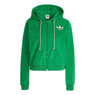 adidas (WMNS) adidas Adicolor Heritage Now Velour Zip Hoodie Green IB2047