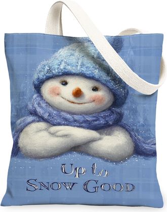 Generic Winter Snow Man Canvas Tote Bags, Cute Cold Character Pattern Reusable Grocery Bags, Lightweight Washable Shoulder Strap Ca, Blue, 13x15 Inch