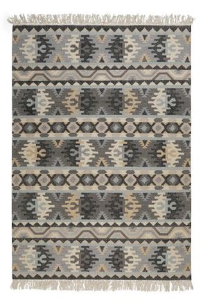 Green Looop Alfombra kilim de lana pura tejida a mano &eacute;tnica con flecos 240x340
