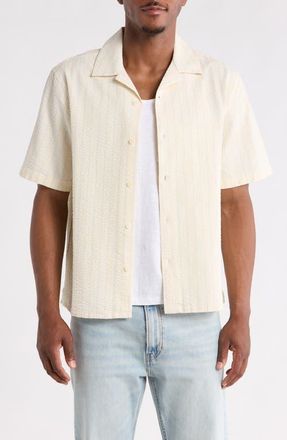Wax London Didcot Stripe Cotton Seersucker Camp Shirt in Ecru/Blue at Nordstrom, Size Xx-Large