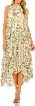 Mac Duggal Sleeveless High Neck Lattice Ruffle Floral Dress in Ivory Multi at Nordstrom, Size X-Large