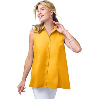 Jessica London Stretch Cotton Poplin Sleeveless Shirt in Sunset Yellow at Nordstrom, Size 24