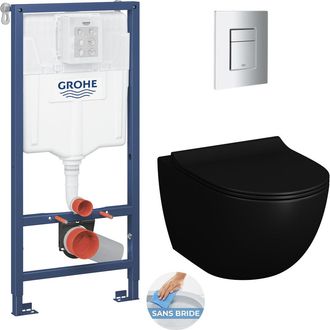 GROHE Soporte Para Inodoro Rapid Sl + Inodoro Sat Infinitio 2.0, Negro Mate + Asiento Cierre Suave+ Placa Cromada