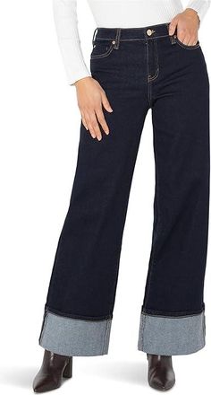 Liverpool L.A. Petite Morgan Mid-Rise Cuffed Wide Leg Jeans 28 Womens Jeans Indigo Rinse : 10P 28, Cotton/Denim/Elastane
