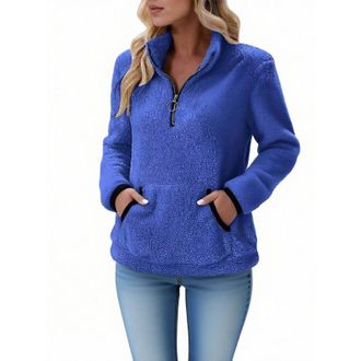 Generic Ladies Fleece Jackets, Sherpa Fleece Jumper for Women 1/4 Zip Fluffy Pullover Long Sleeve Teddy Sweatshirts Autumn Winter Outfits Plain Thermal Warm F