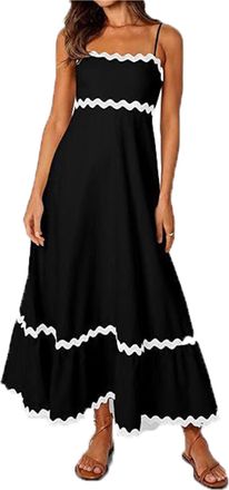 Generic Womens 2024 Summer Spaghetti Straps Sleeveless Backless Sundress Flowy Smocked Lace Swing A Line Midi Dress,Black,S
