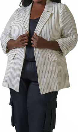 Skies Are Blue Clothing Linen Pinstripe Cuffed Blazer - Plus Size In Off White & Black