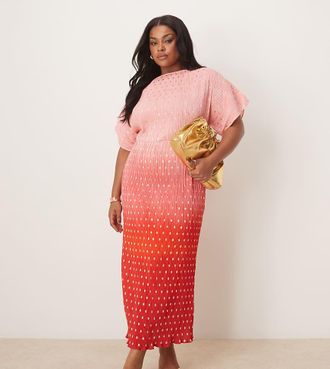 Never Fully Dressed Plus Tilly - Vestito pliss&eacute; con gonna al polpaccio color tramonto sfumato con spalle scoperte-Rosa