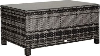 OUTSUNNY Garden Rattan Side Table,Wicker Coffee Desk, Glass Top Grey