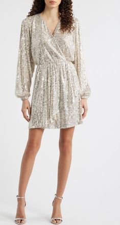 Boss Orange by Hugo Boss Dillio Sequin Mesh Long Sleeve Cocktail Dress in Open Beige at Nordstrom, Size 10