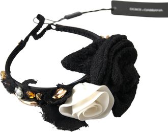 Dolce & Gabbana Womens Diadem Headband Tiara White Rose Crystal Hair Gold Black Silk Accessory