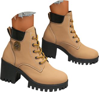 Generic Womens Ankle Combat Boots Chunky Lace Up Booties Platform High Heel Fashion Autumn Winter Shoes Lug Sole Round Toe Casual Waterproof Non Slip Riding M