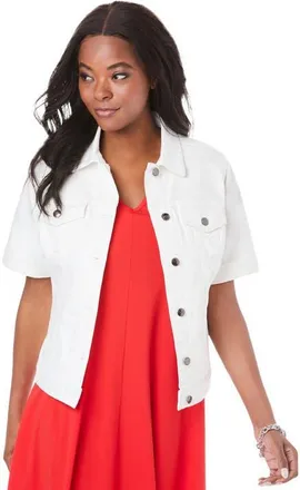 Roaman's Plus Size Short Sleeve Stretch Denim Jacket in White at Nordstrom, Size 12