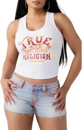 True Religion World Tour Logo Cotton Graphic Tank in Optic White at Nordstrom, Size Xx-Large