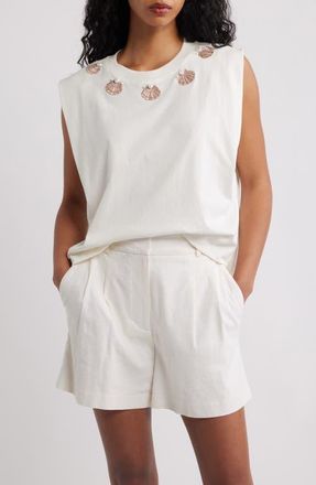 Farm Rio Seashell Embroidered Sleeveless T-Shirt in Off-White at Nordstrom, Size Xx-Small